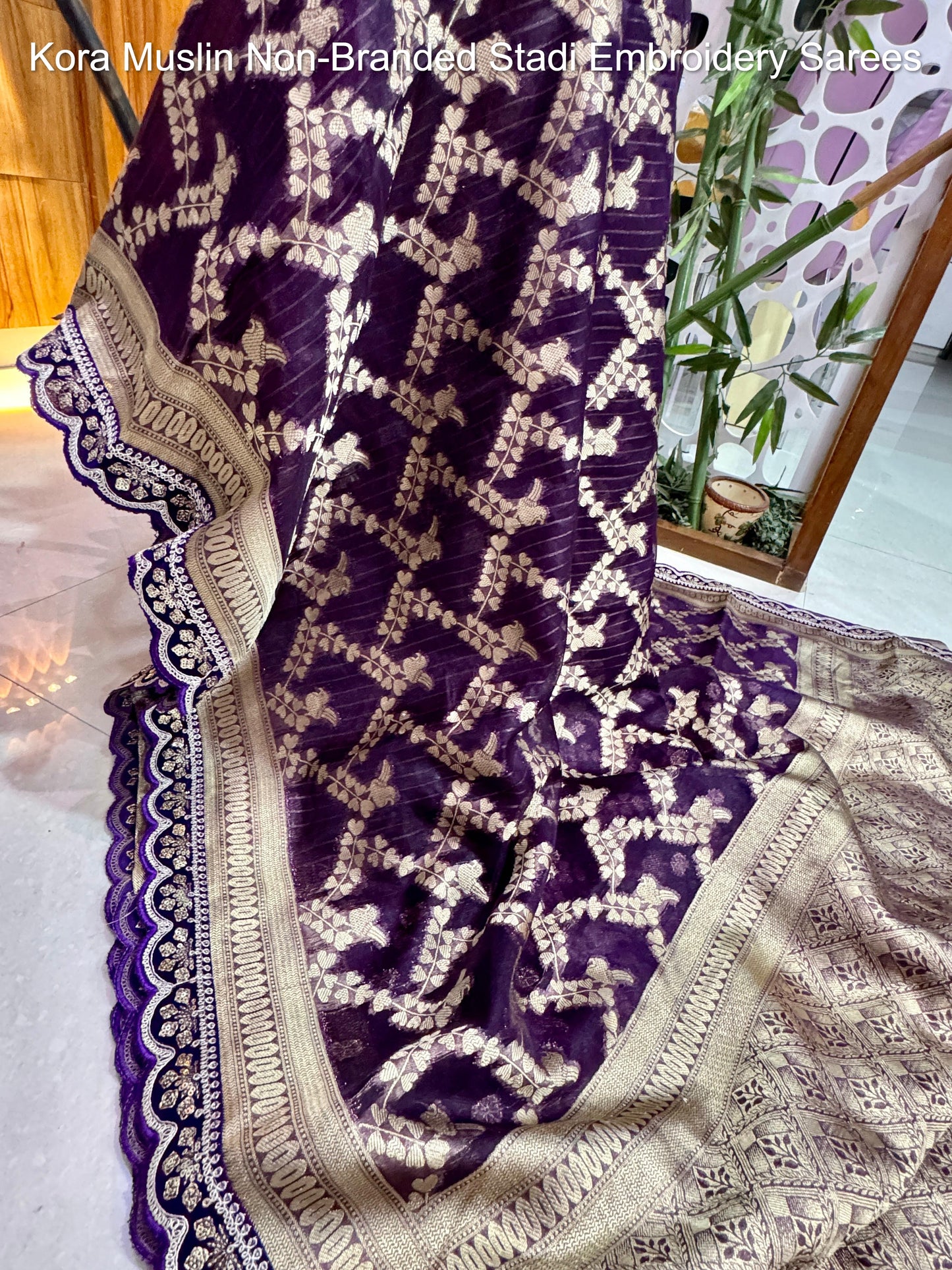 Kora Muslin Non-Branded Stadi Embroidery Sarees