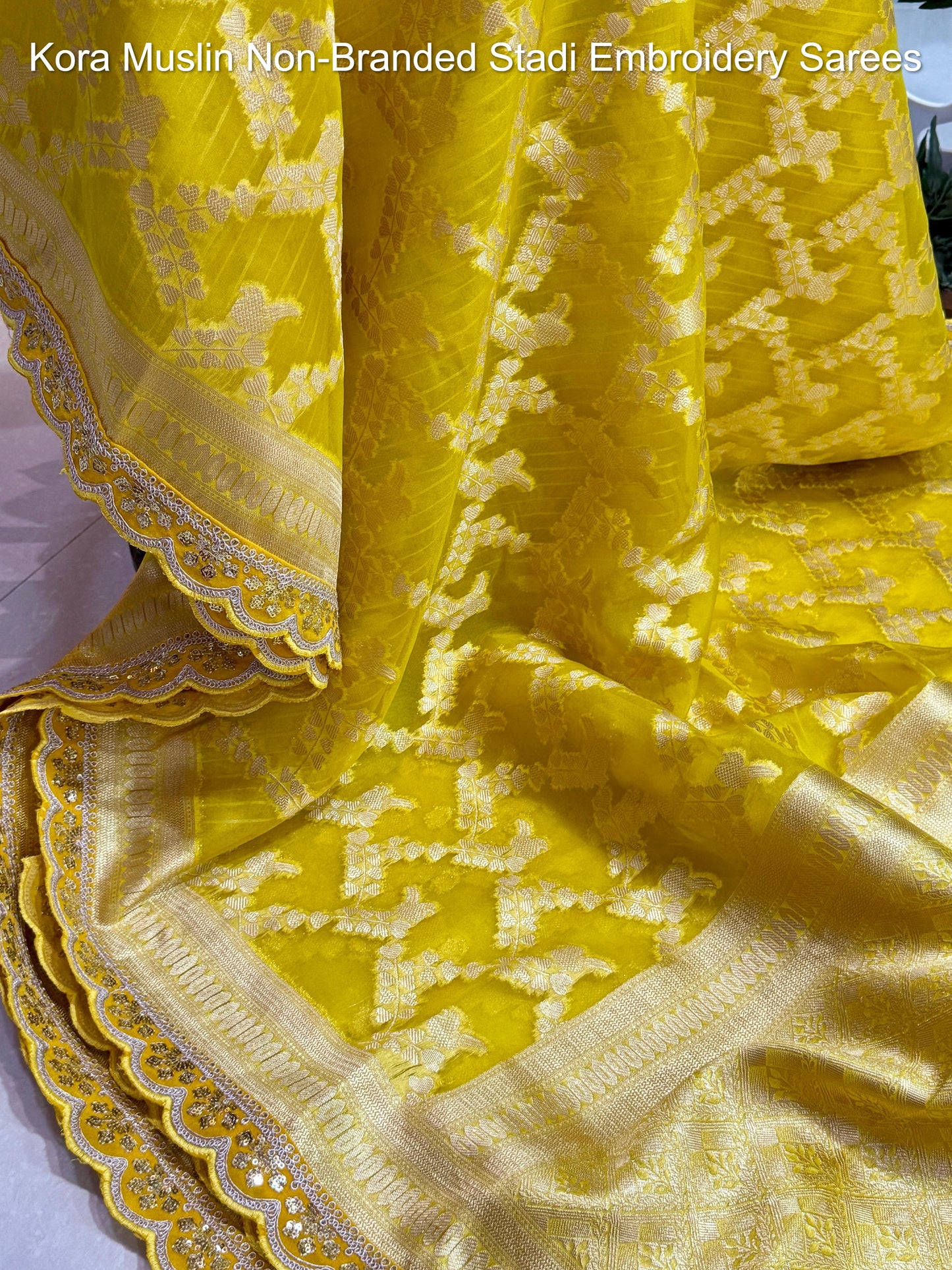 Kora Muslin Non-Branded Stadi Embroidery Sarees