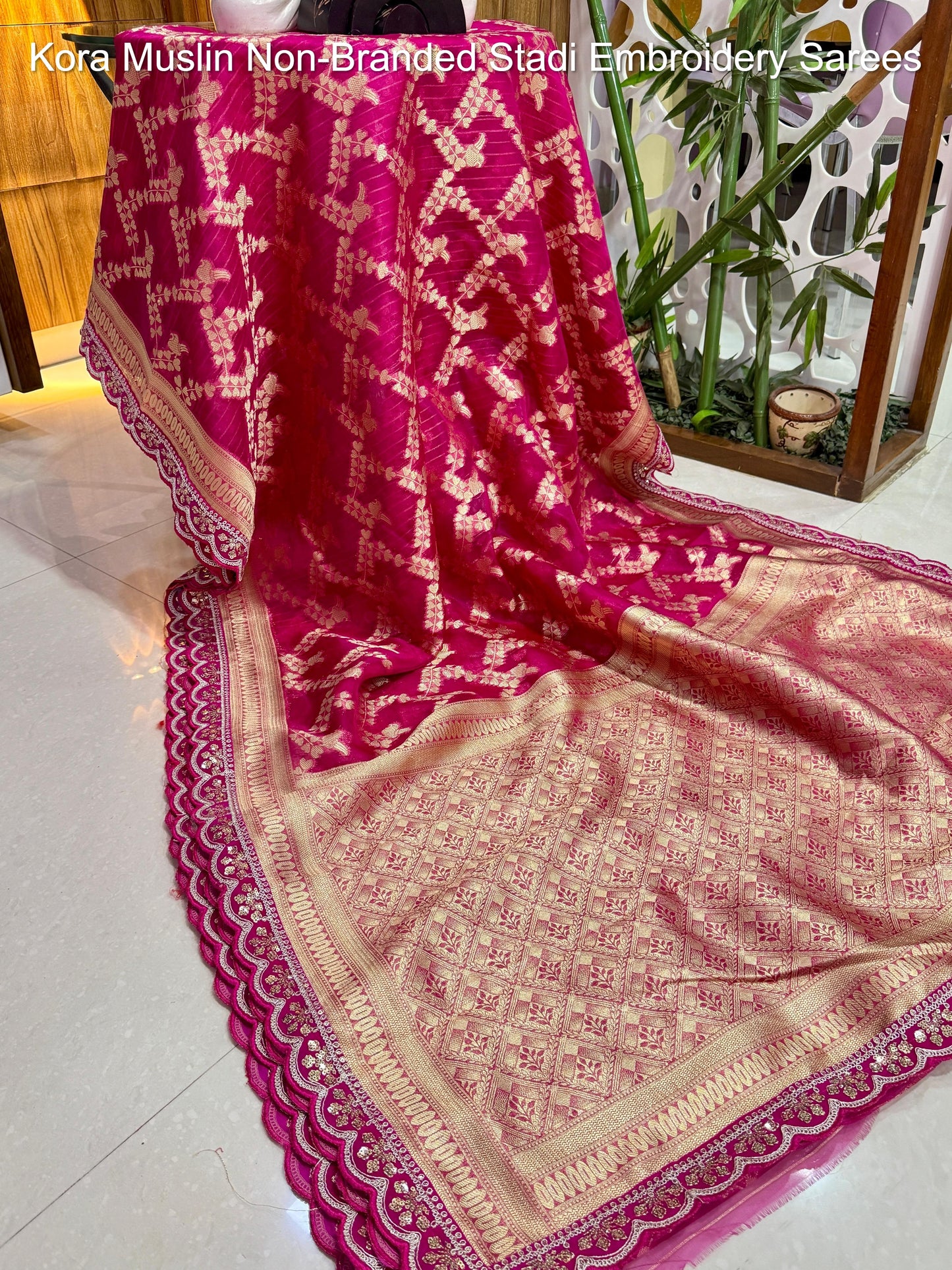Kora Muslin Non-Branded Stadi Embroidery Sarees