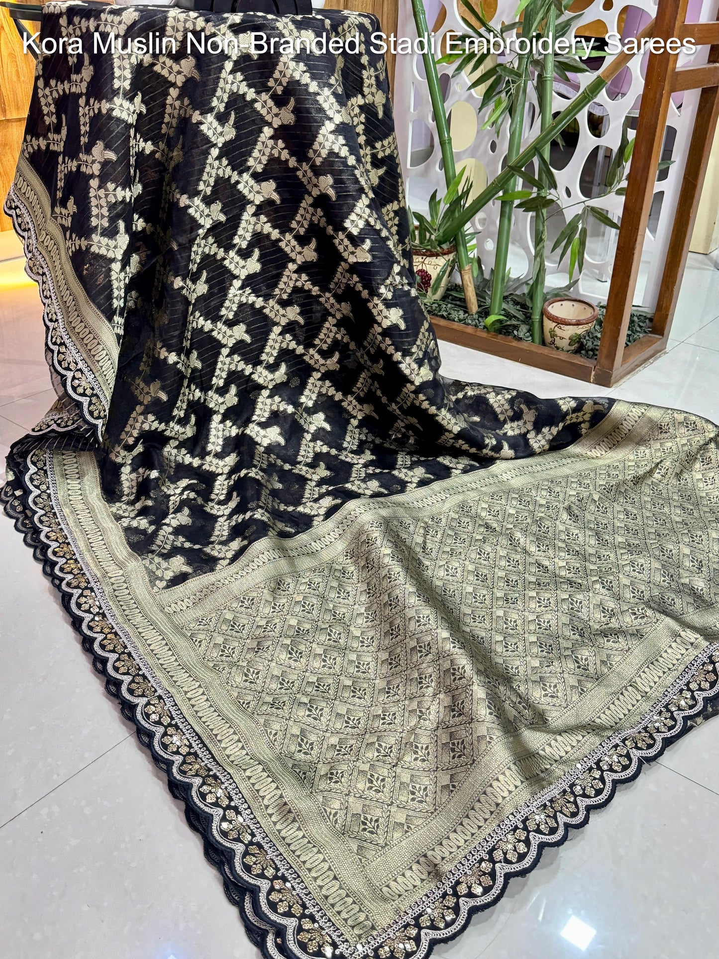 Kora Muslin Non-Branded Stadi Embroidery Sarees