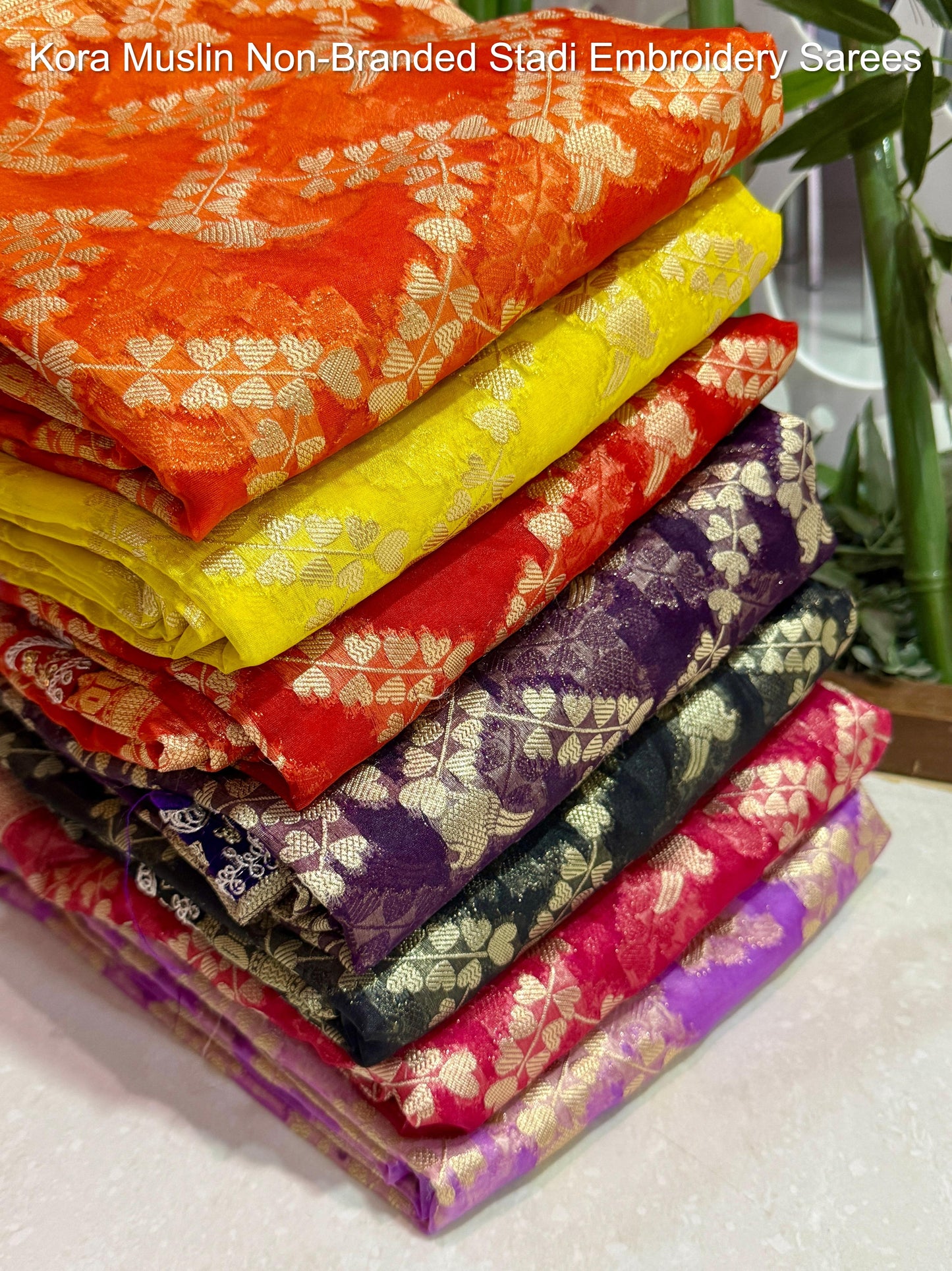 Kora Muslin Non-Branded Stadi Embroidery Sarees