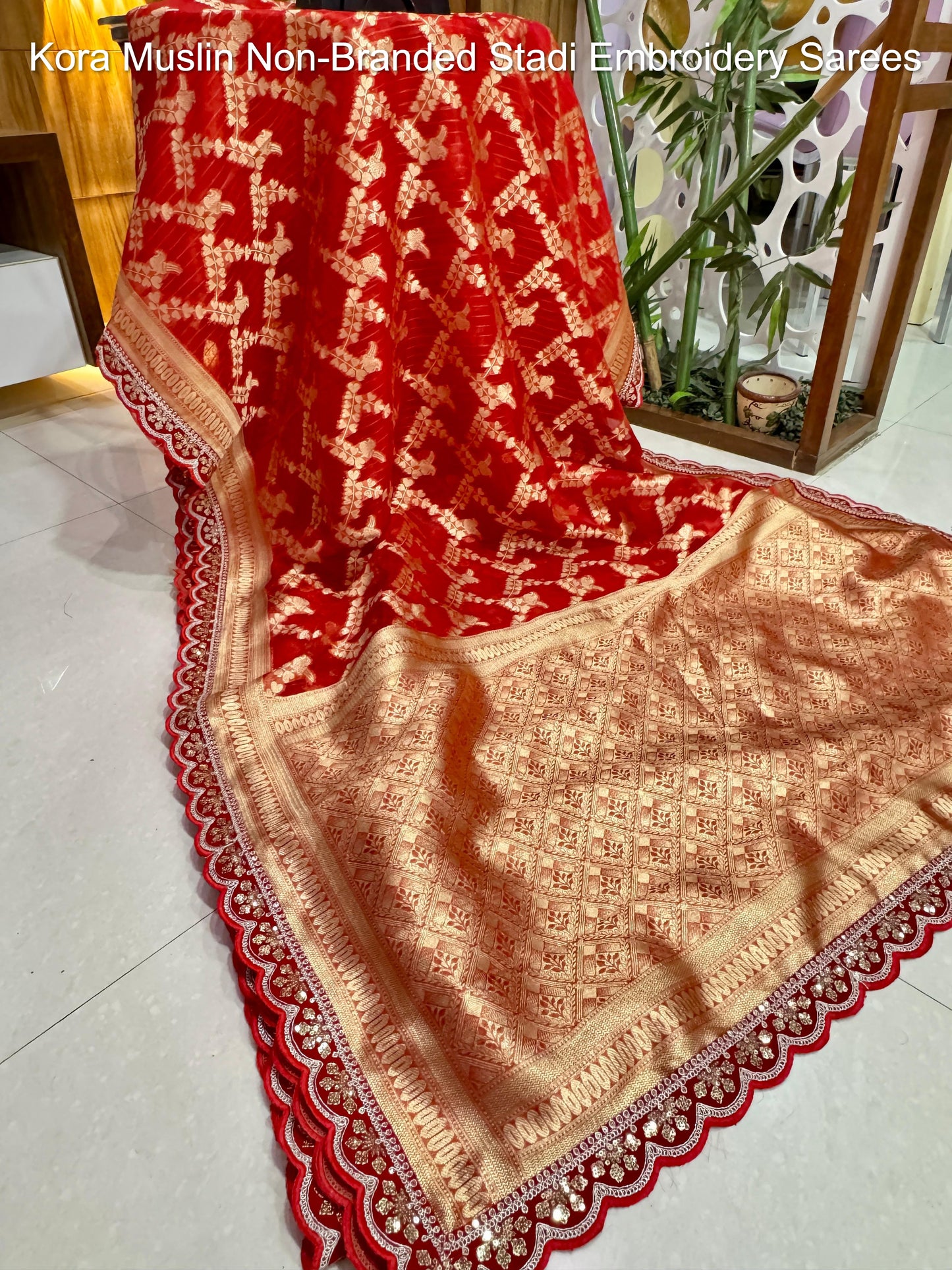 Kora Muslin Non-Branded Stadi Embroidery Sarees