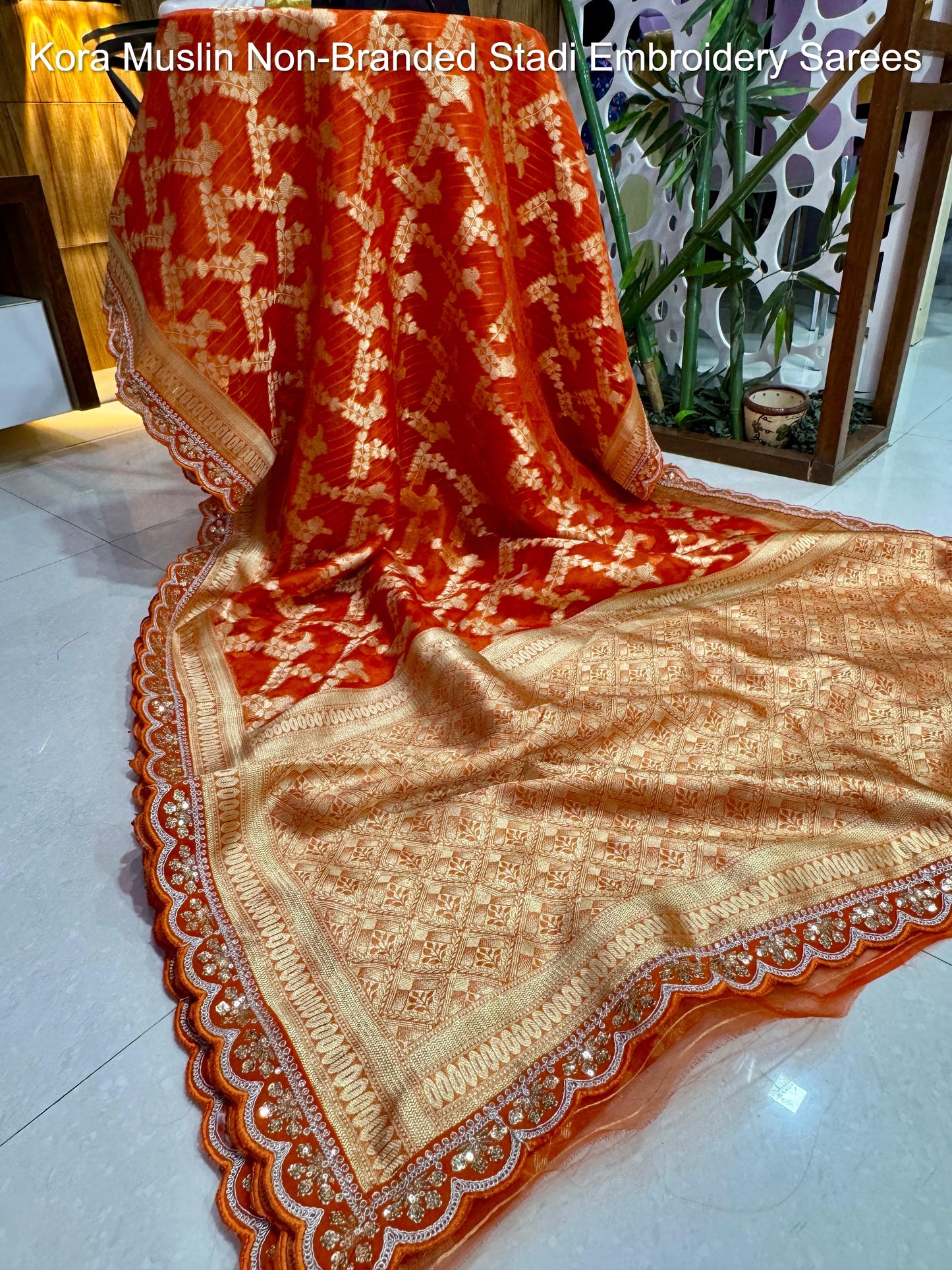 Kora Muslin Non-Branded Stadi Embroidery Sarees