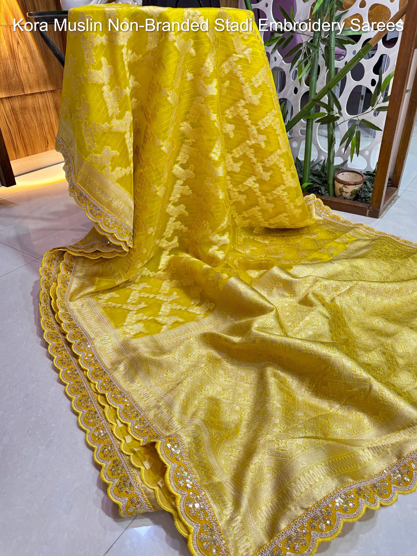 Kora Muslin Non-Branded Stadi Embroidery Sarees