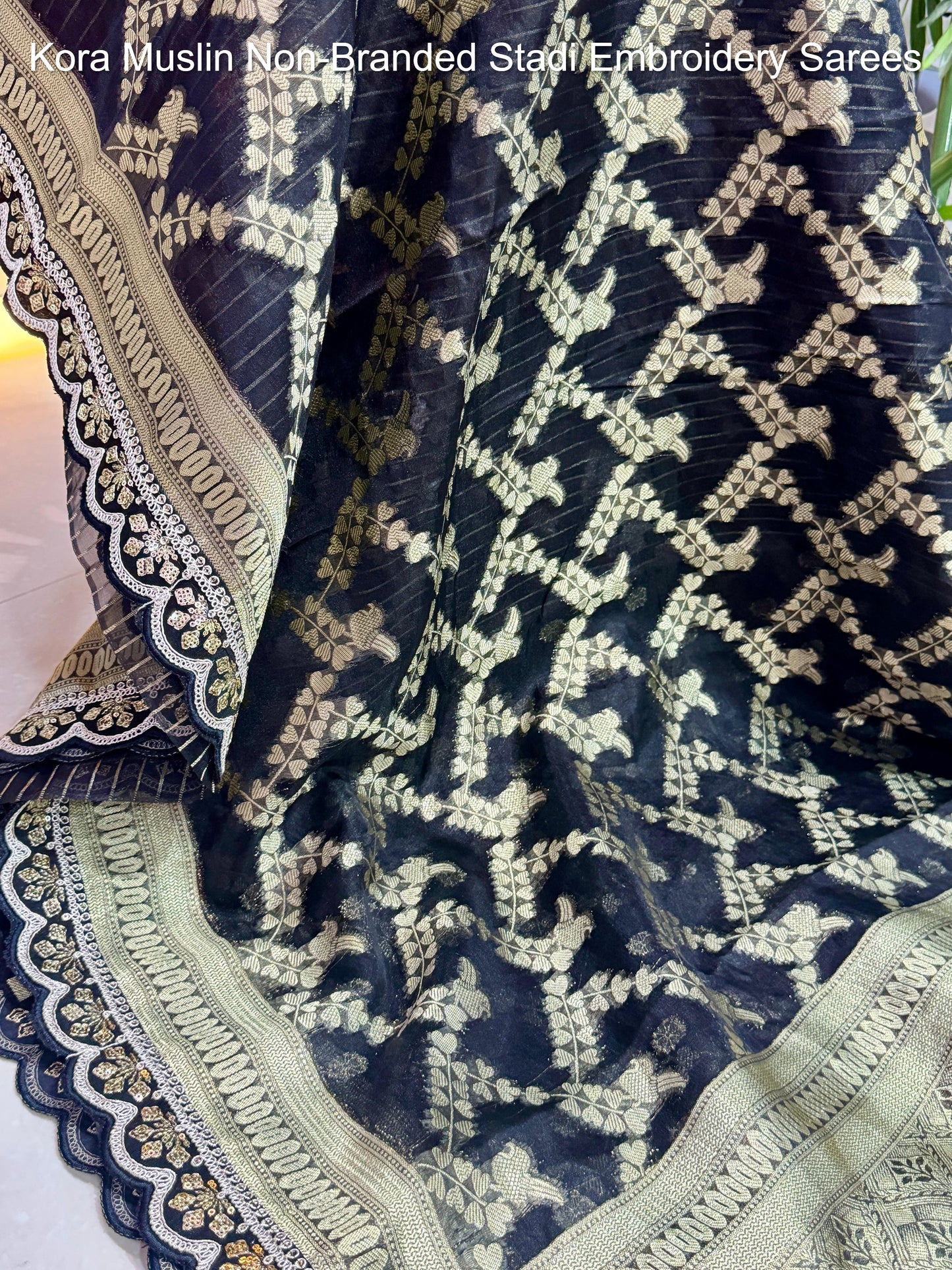 Kora Muslin Non-Branded Stadi Embroidery Sarees