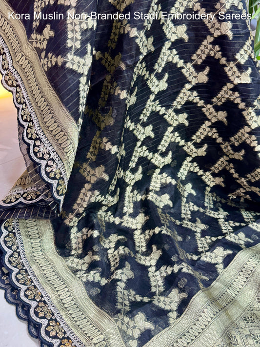Kora Muslin Non-Branded Stadi Embroidery Sarees