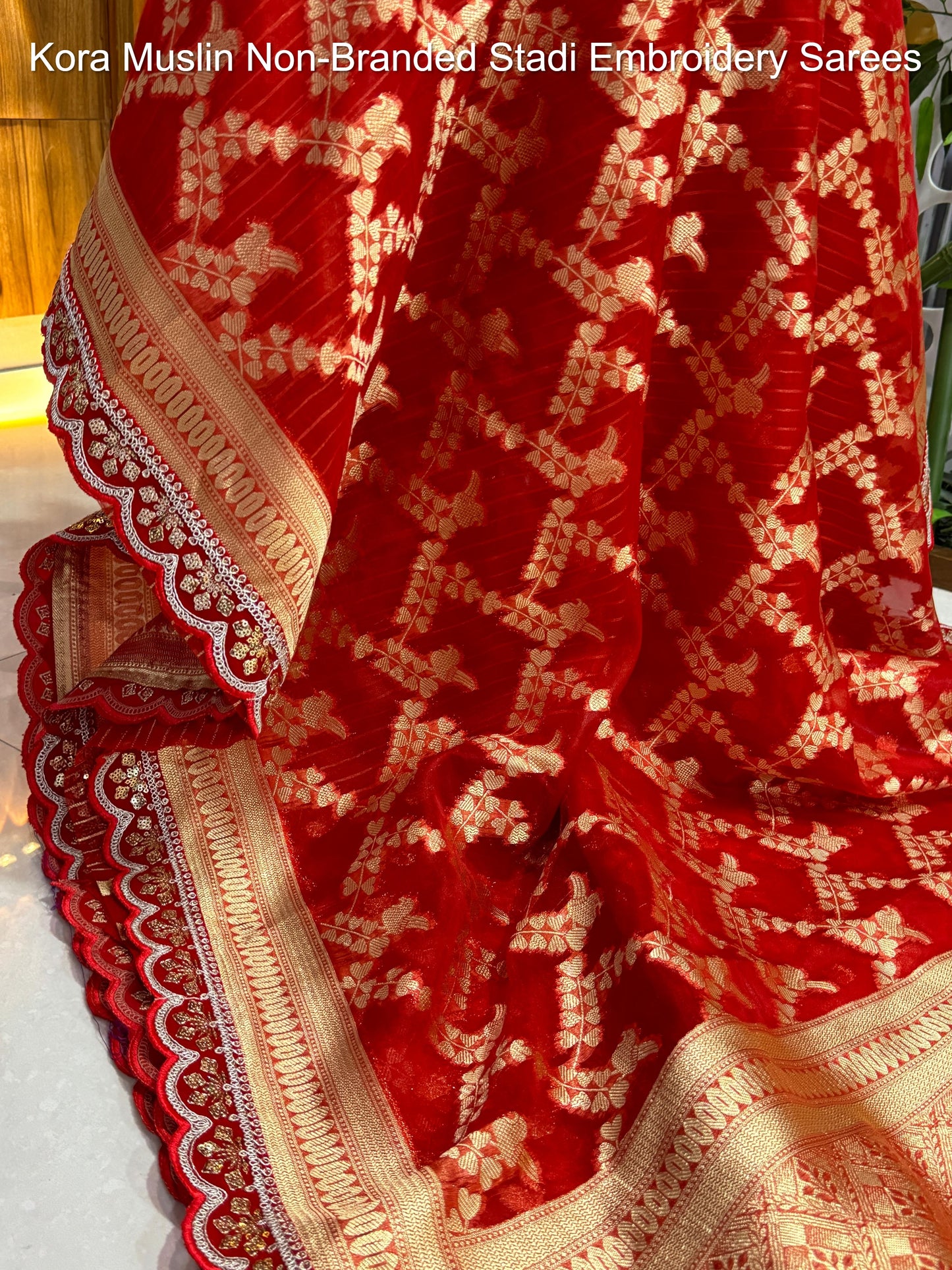 Kora Muslin Non-Branded Stadi Embroidery Sarees