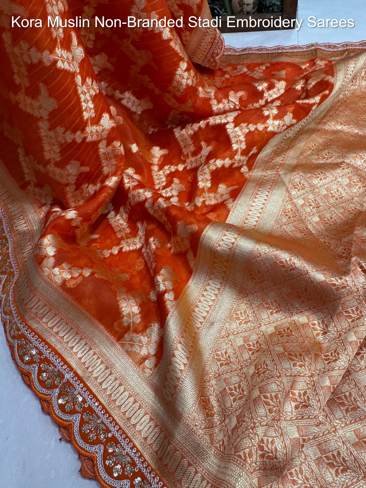 Kora Muslin Non-Branded Stadi Embroidery Sarees