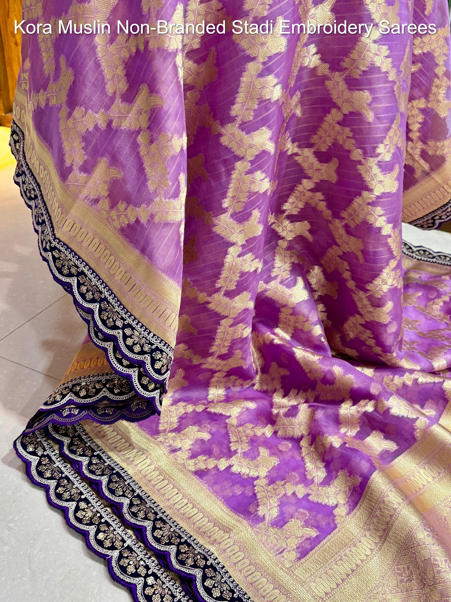 Kora Muslin Non-Branded Stadi Embroidery Sarees