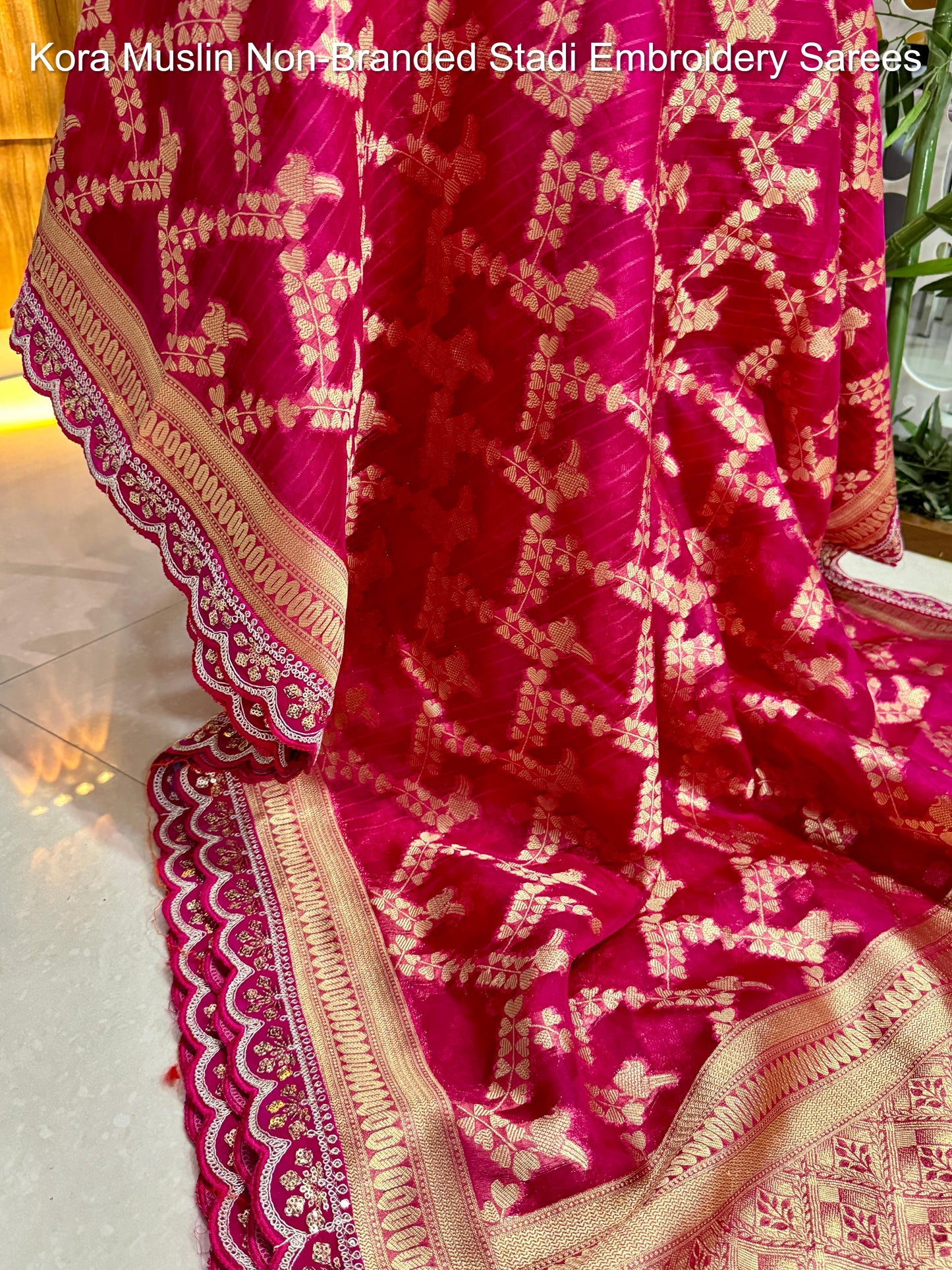 Kora Muslin Non-Branded Stadi Embroidery Sarees