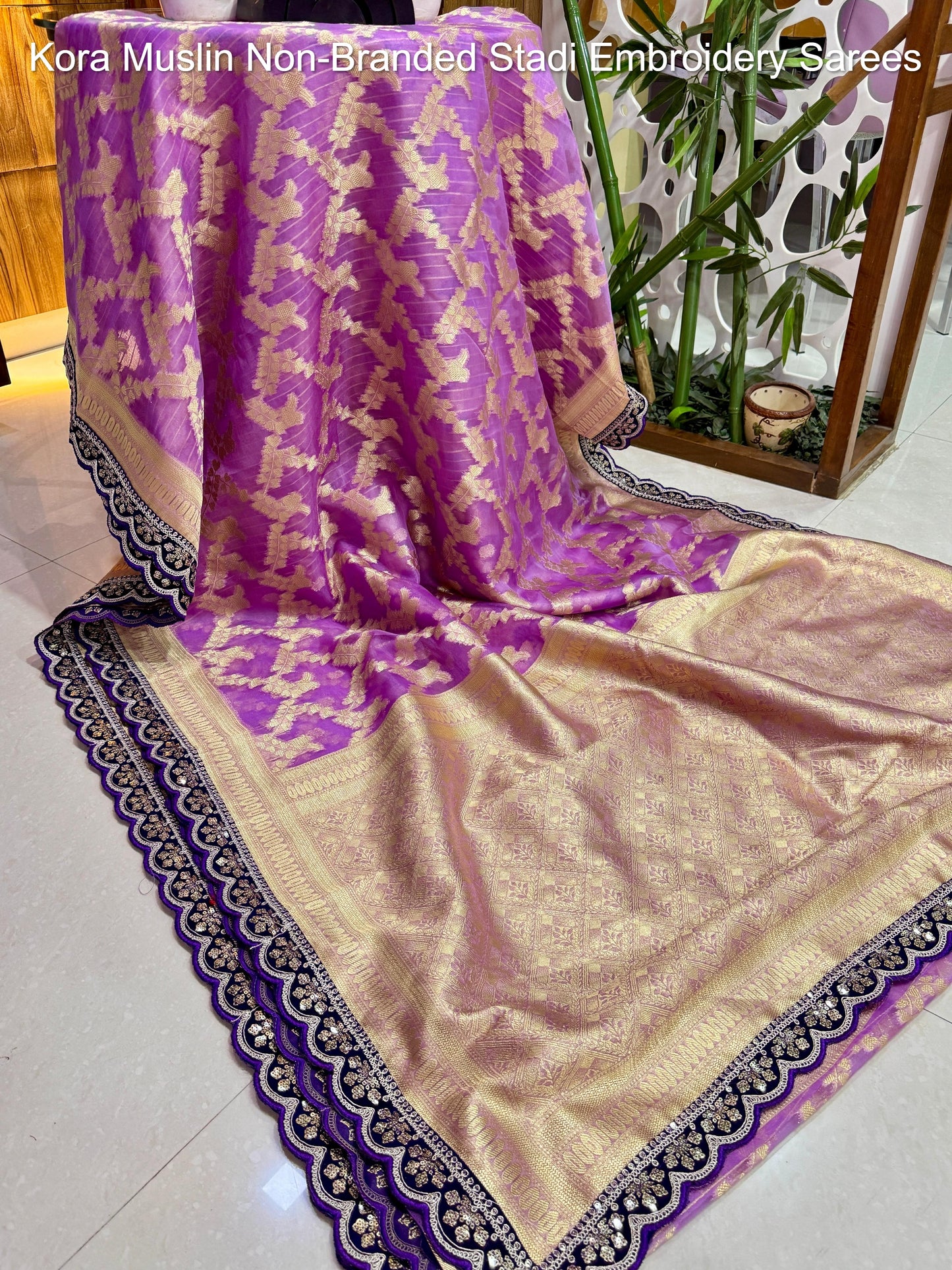 Kora Muslin Non-Branded Stadi Embroidery Sarees