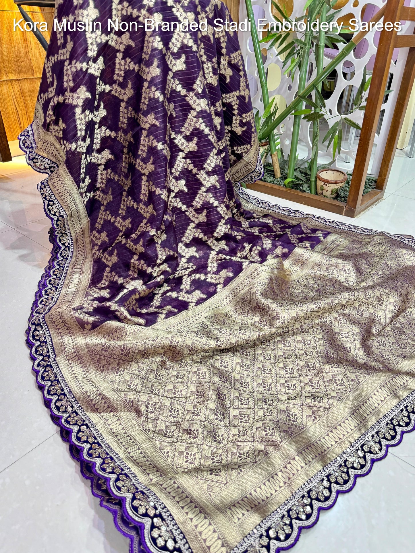 Kora Muslin Non-Branded Stadi Embroidery Sarees
