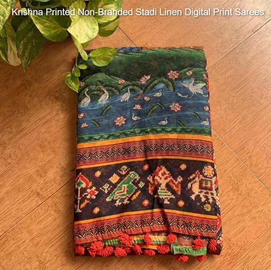 Krishna Printed Non-Branded Stadi Linen Digital Print Sarees