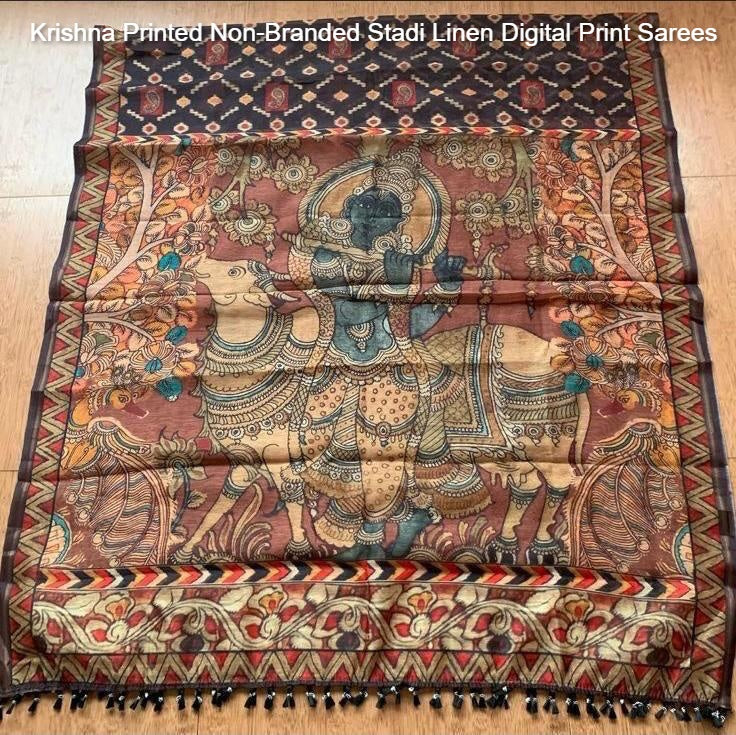 Krishna Printed Non-Branded Stadi Linen Digital Print Sarees