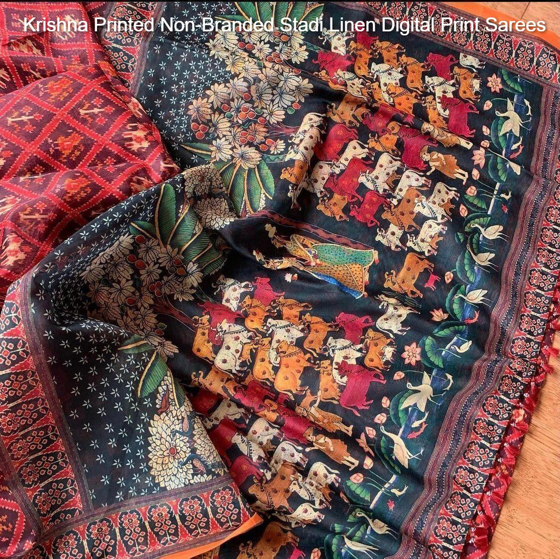 Krishna Printed Non-Branded Stadi Linen Digital Print Sarees