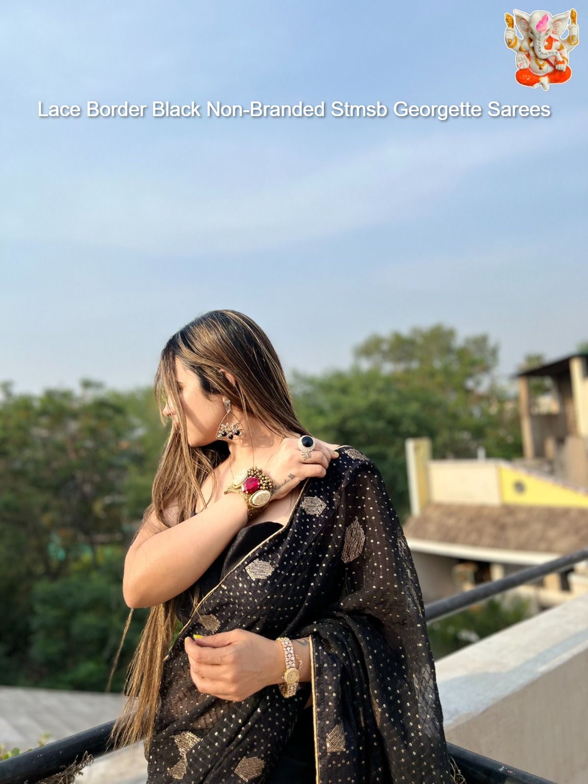 Lace Border Black Non-Branded Stmsb Georgette Sarees