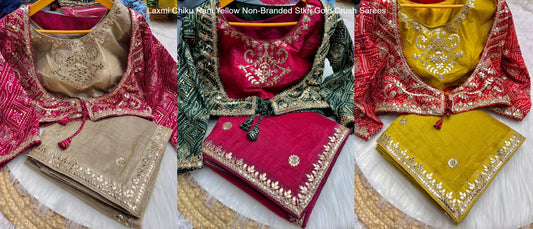 Laxmi Chiku Rani Yellow Non-Branded Stkri Gold Crush Sarees