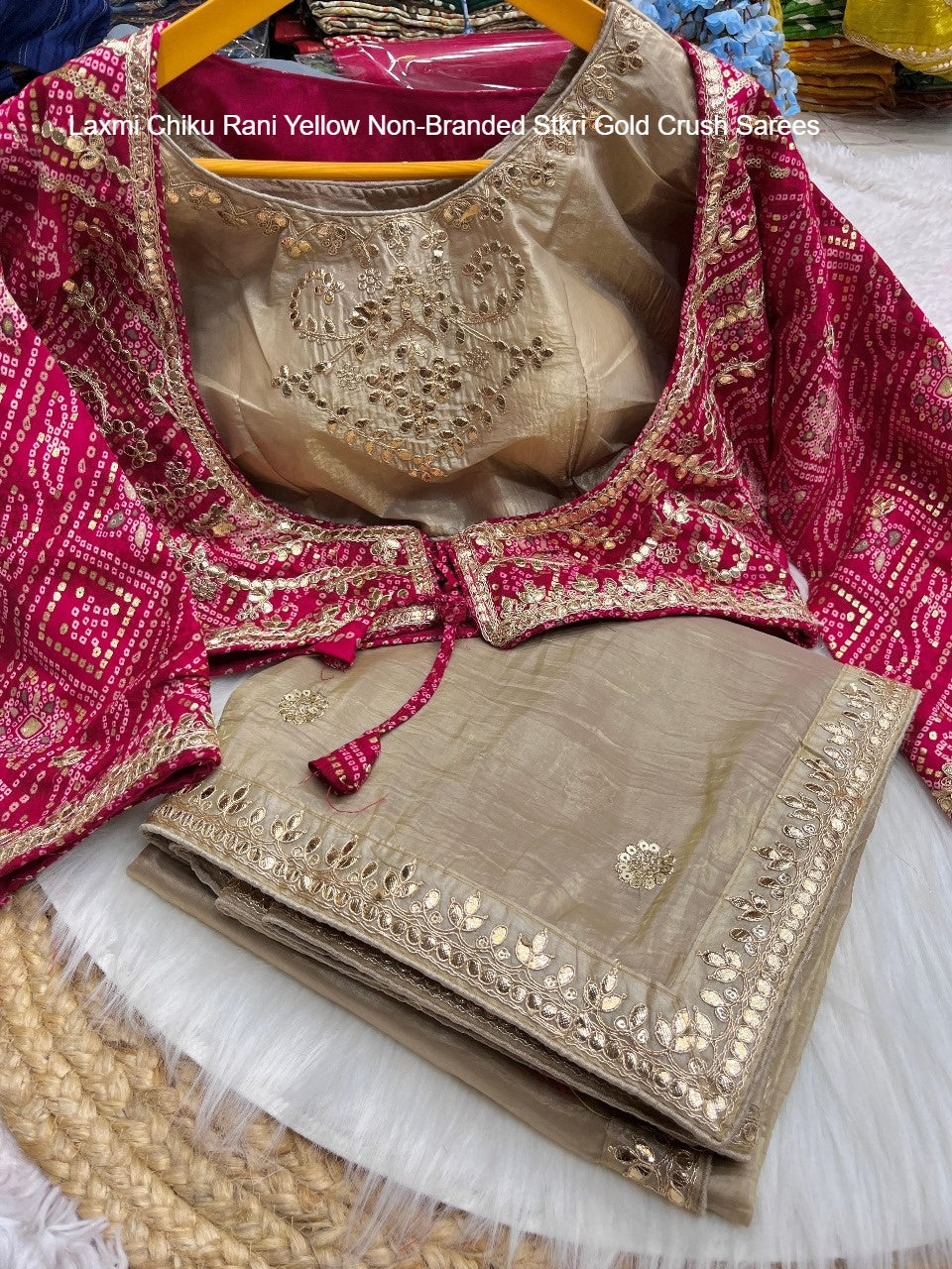 Laxmi Chiku Rani Yellow Non-Branded Stkri Gold Crush Sarees