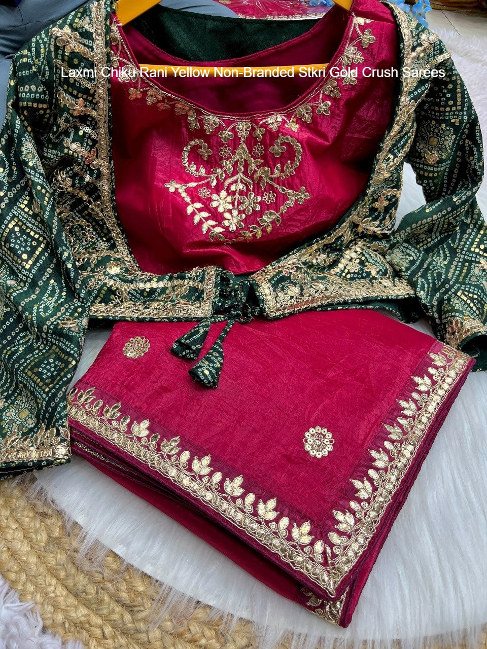 Laxmi Chiku Rani Yellow Non-Branded Stkri Gold Crush Sarees