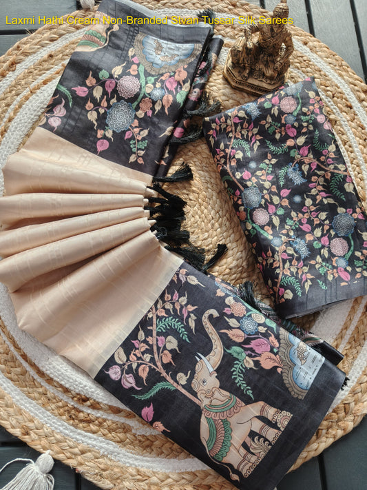 Laxmi Hathi Cream Non-Branded Stvan Tussar Silk Sarees