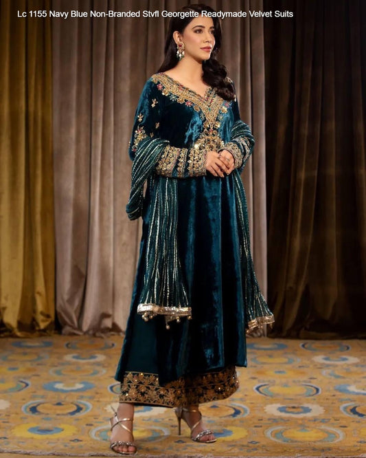 Lc 1155 Navy Blue Non-Branded Stvfl Georgette Readymade Velvet Suits