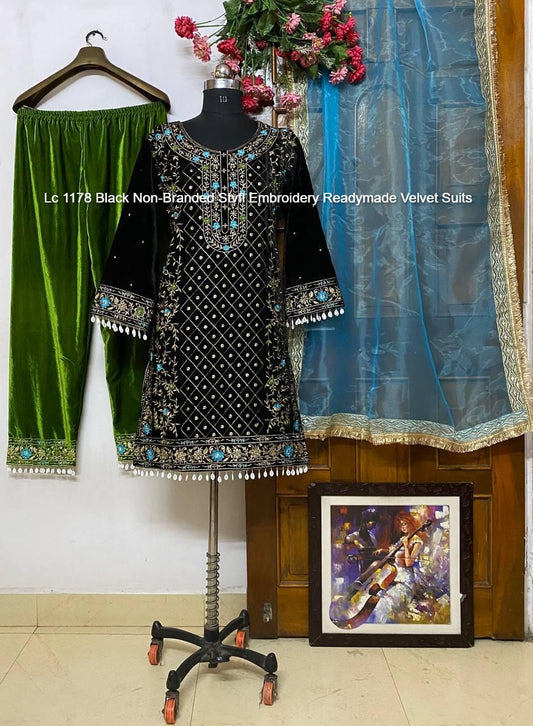 Lc 1178 Black Non-Branded Stvfl Embroidery Readymade Velvet Suits