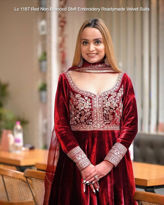 Lc 1187 Red Non-Branded Stvfl Embroidery Readymade Velvet Suits