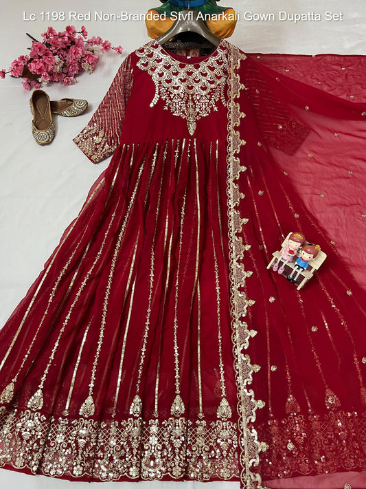 Lc 1198 Red Non-Branded Stvfl Anarkali Gown Dupatta Set