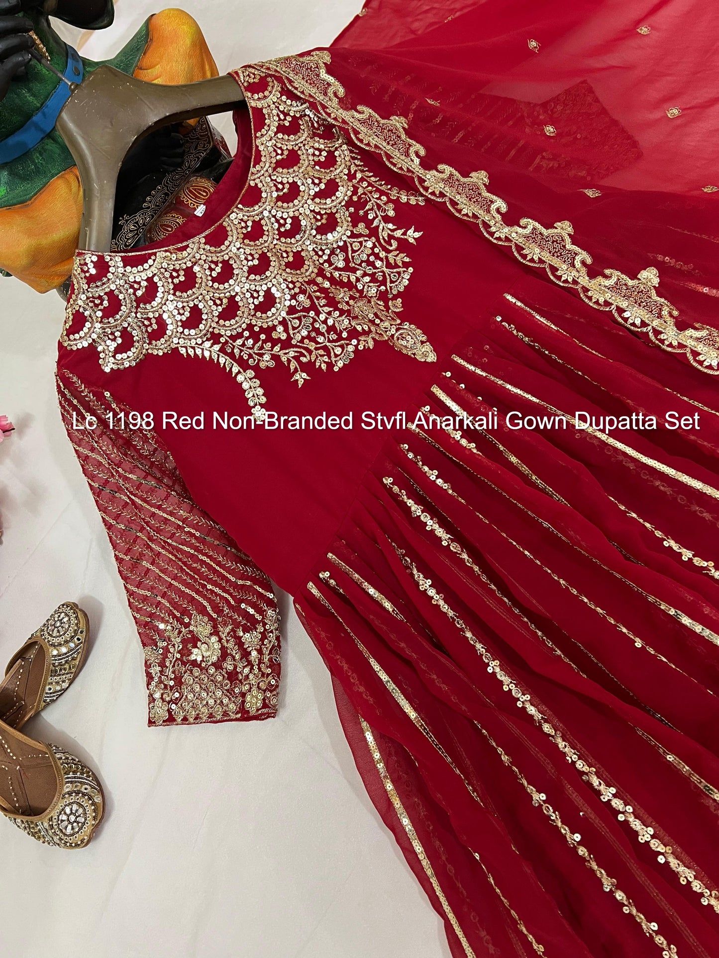 Lc 1198 Red Non-Branded Stvfl Anarkali Gown Dupatta Set