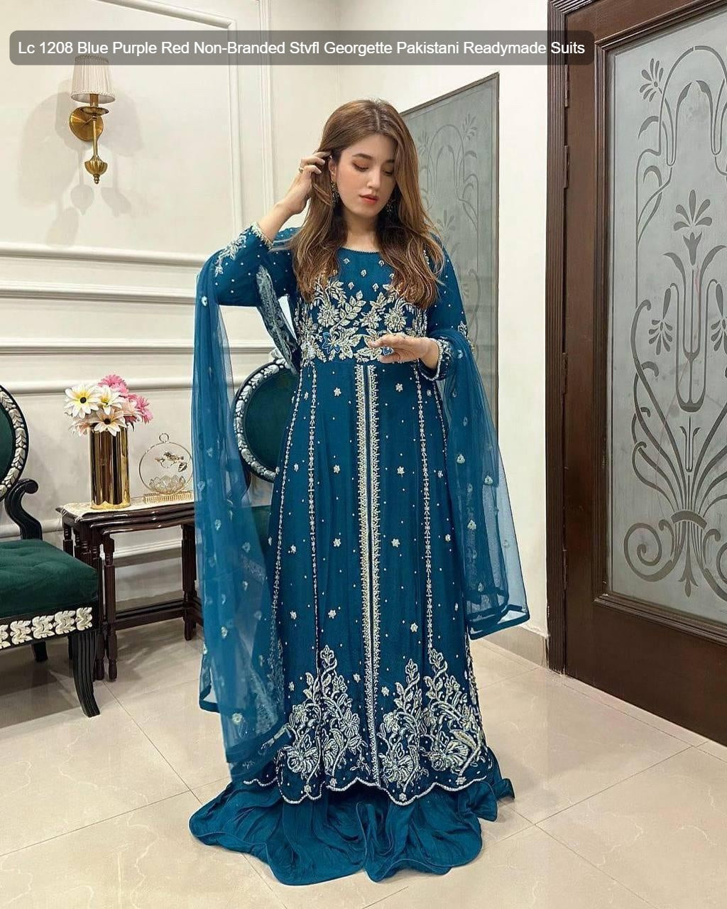 Lc 1208 Blue Purple Red Non-Branded Stvfl Georgette Pakistani Readymade Suits