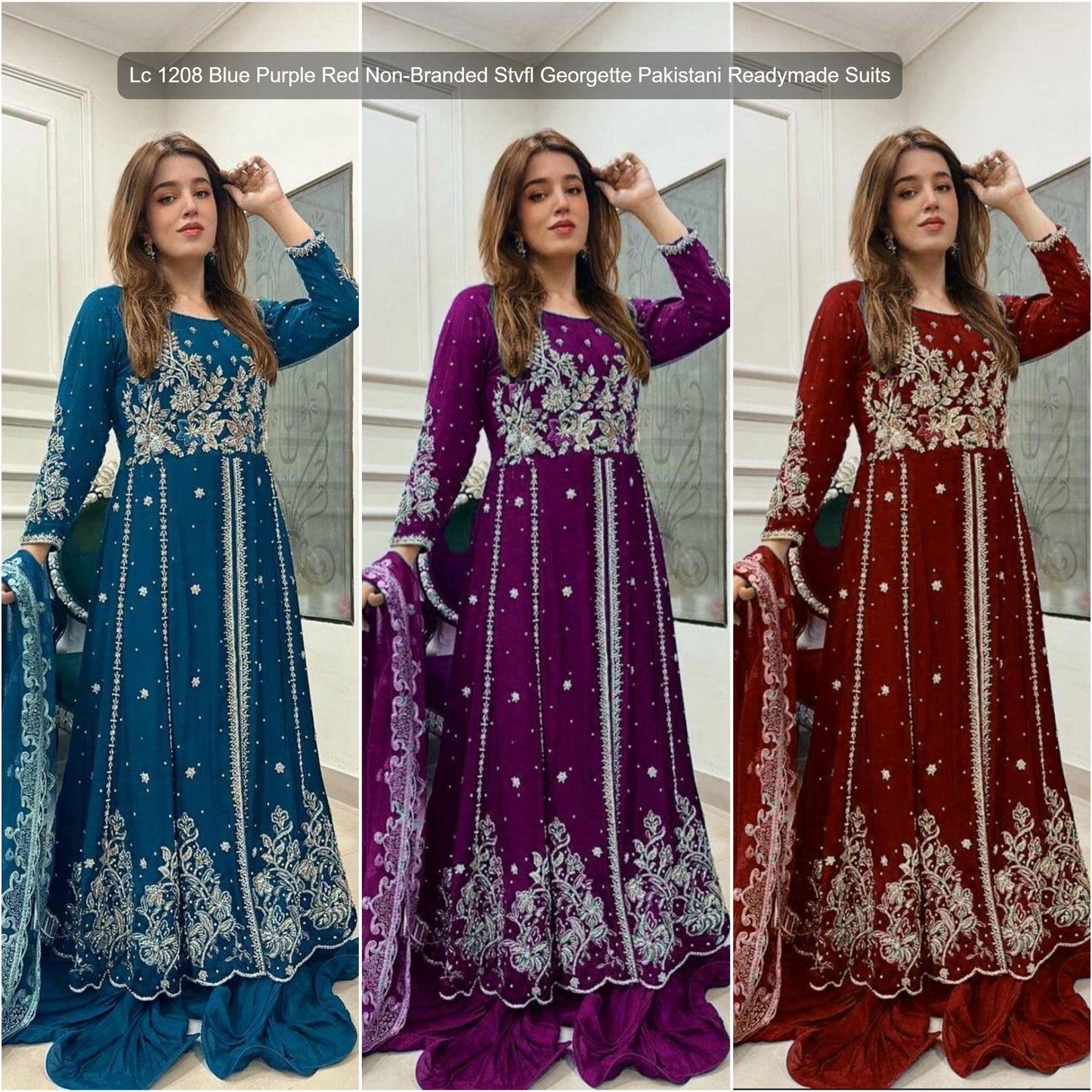 Lc 1208 Blue Purple Red Non-Branded Stvfl Georgette Pakistani Readymade Suits