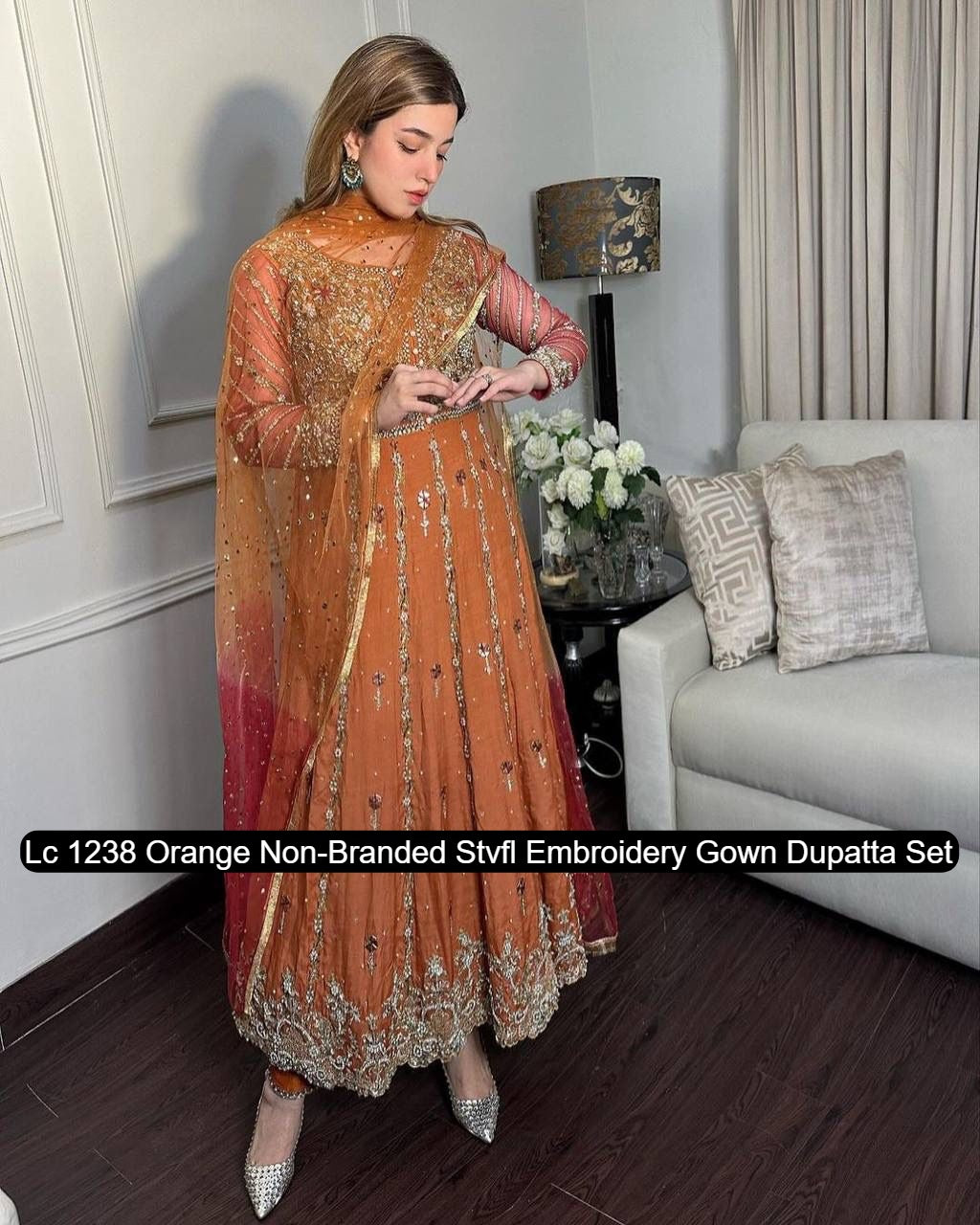 Lc 1238 Orange Non-Branded Stvfl Embroidery Gown Dupatta Set