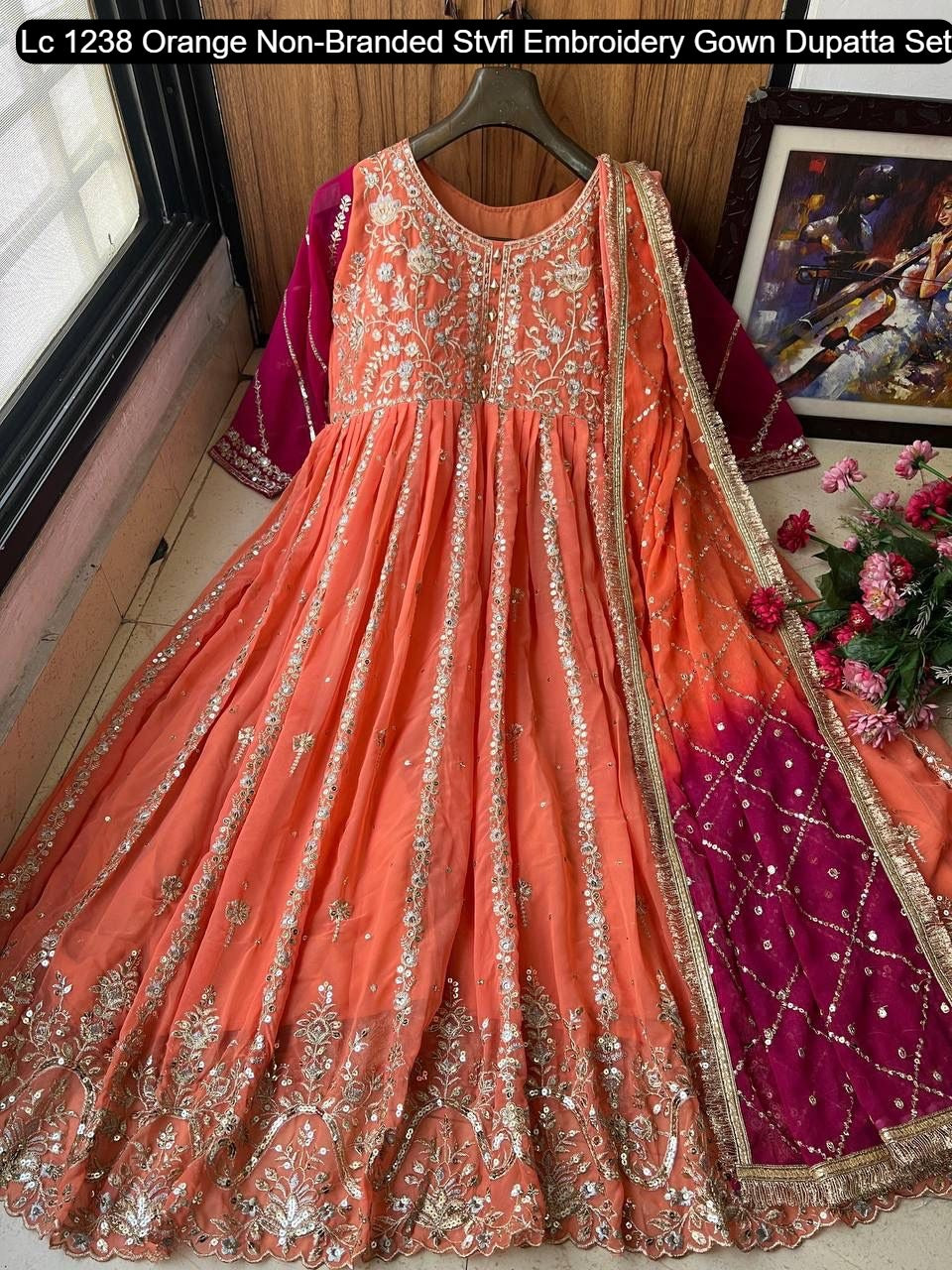 Lc 1238 Orange Non-Branded Stvfl Embroidery Gown Dupatta Set