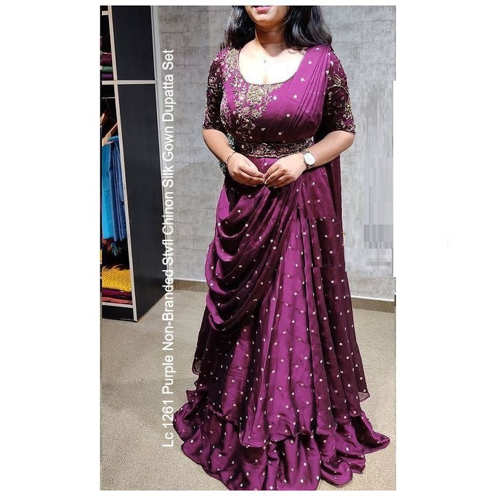 Lc 1261 Purple Non-Branded Stvfl Chinon Silk Gown Dupatta Set