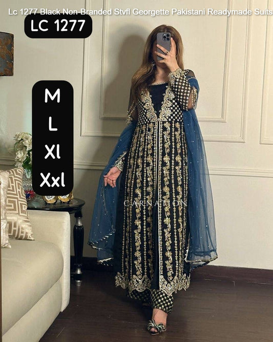 Lc 1277 Black Non-Branded Stvfl Georgette Pakistani Readymade Suits