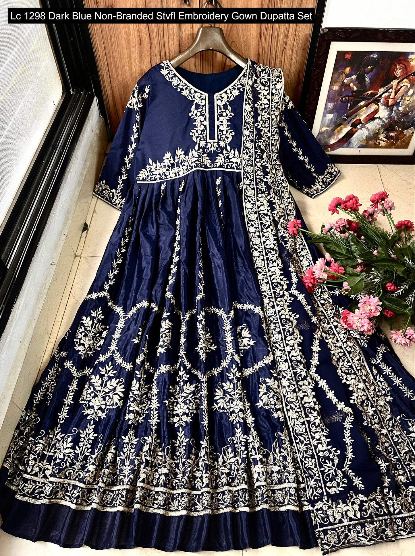 Lc 1298 Dark Blue Non-Branded Stvfl Embroidery Gown Dupatta Set
