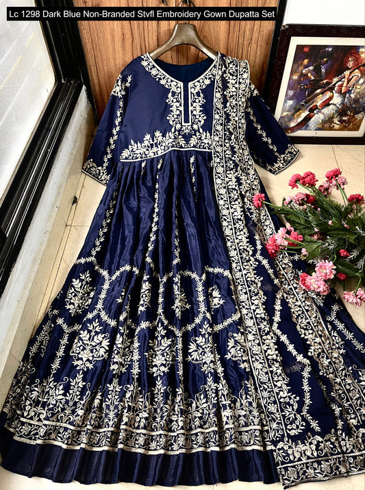 Lc 1298 Dark Blue Non-Branded Stvfl Embroidery Gown Dupatta Set
