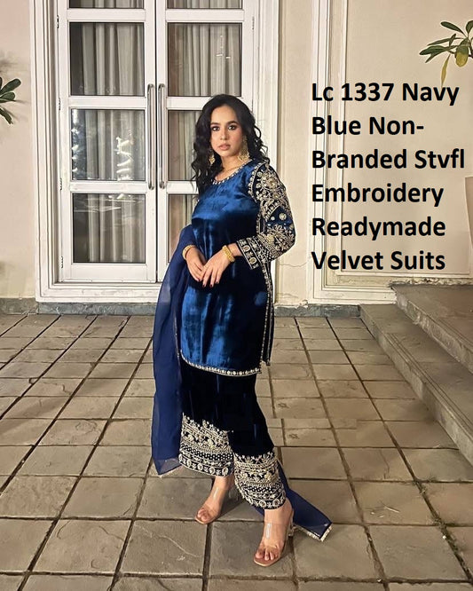 Lc 1337 Navy Blue Non-Branded Stvfl Embroidery Readymade Velvet Suits