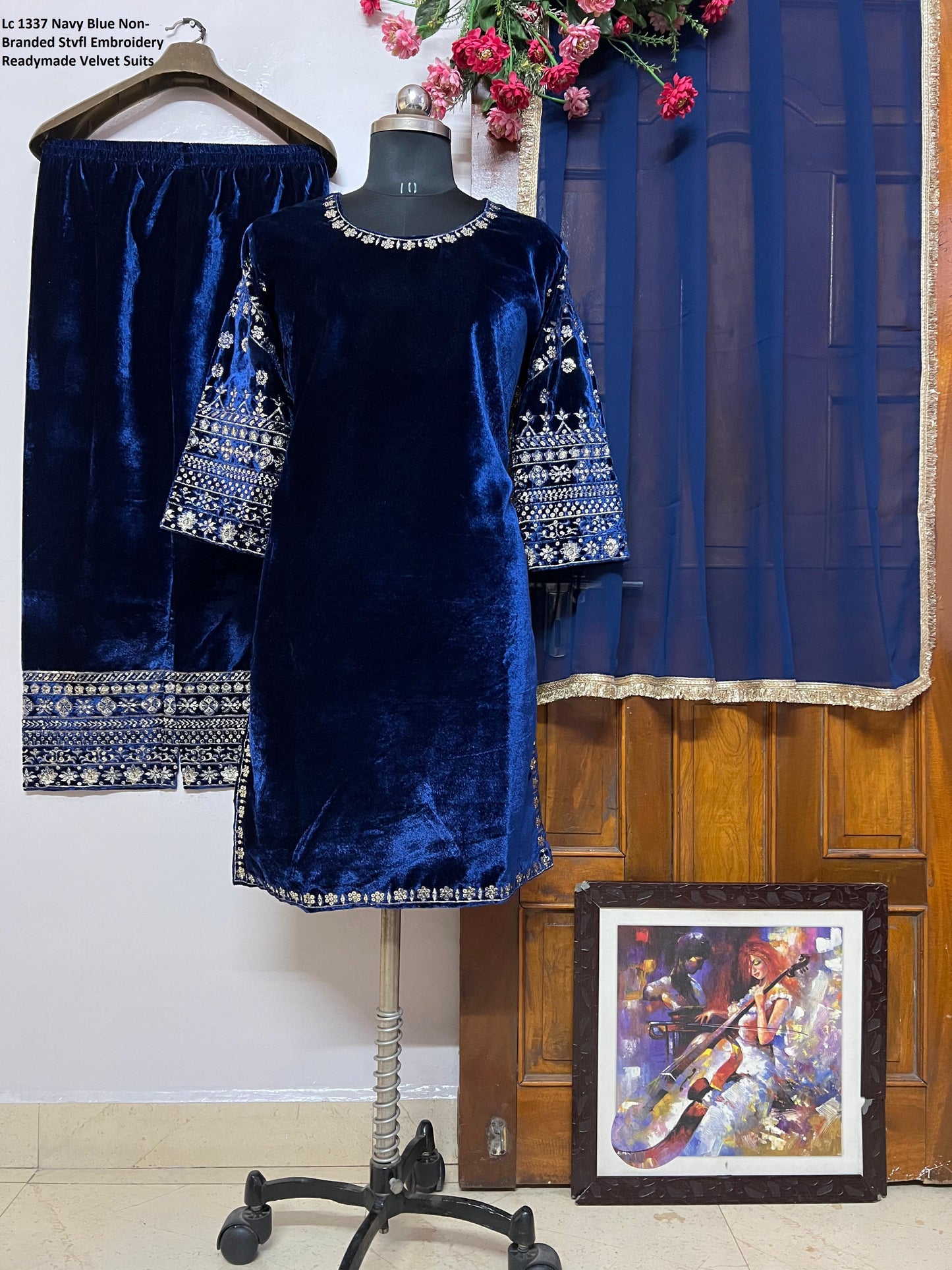 Lc 1337 Navy Blue Non-Branded Stvfl Embroidery Readymade Velvet Suits