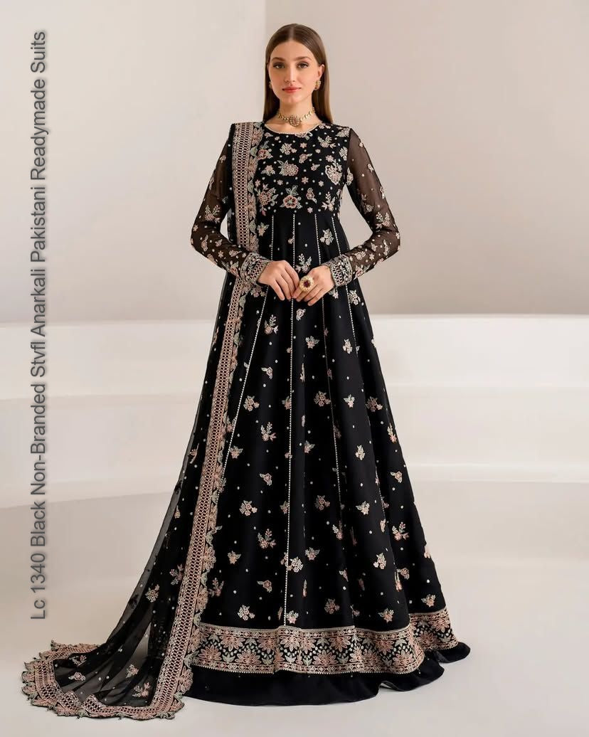 Lc 1340 Black Non-Branded Stvfl Anarkali Pakistani Readymade Suits