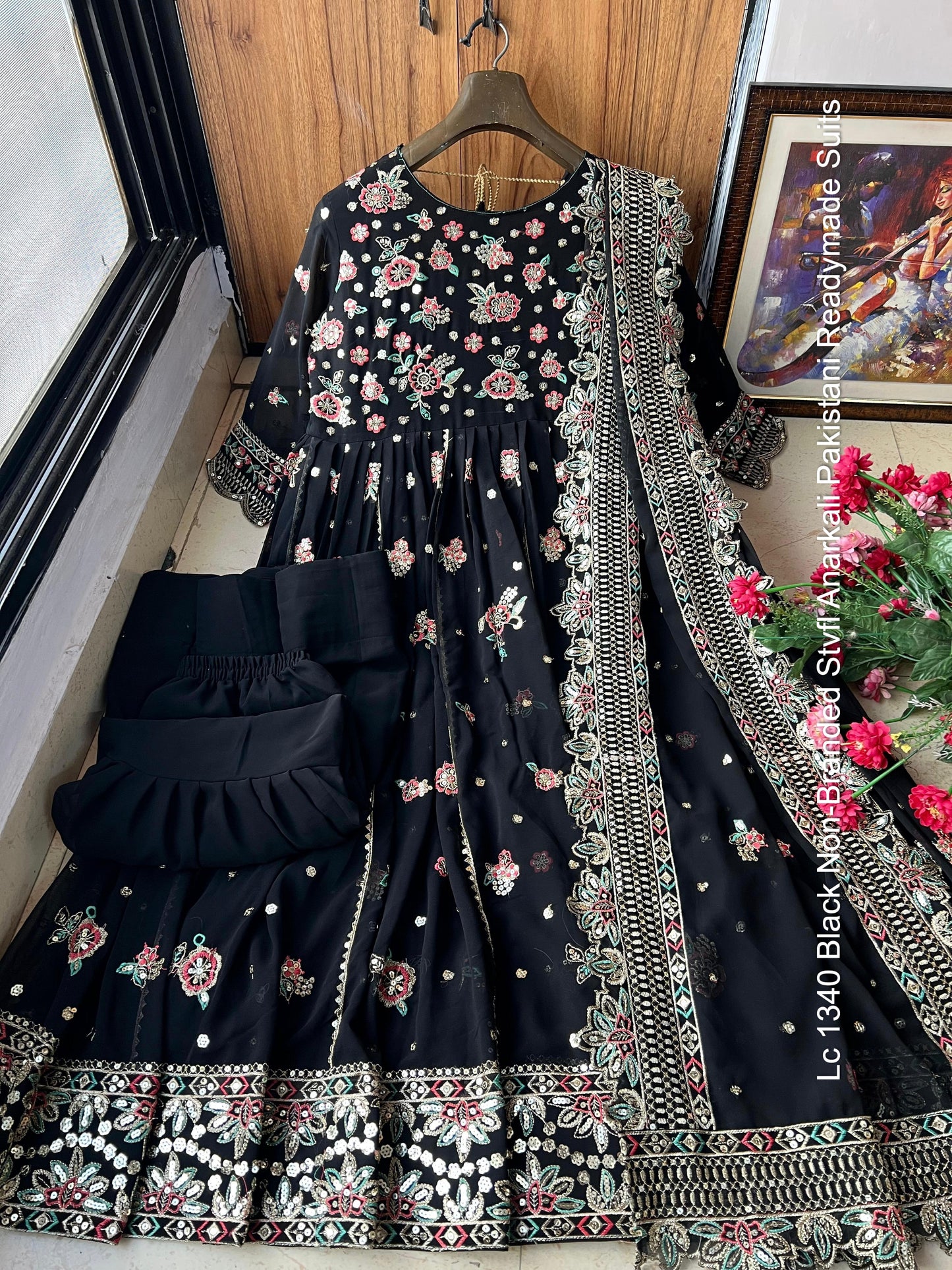 Lc 1340 Black Non-Branded Stvfl Anarkali Pakistani Readymade Suits