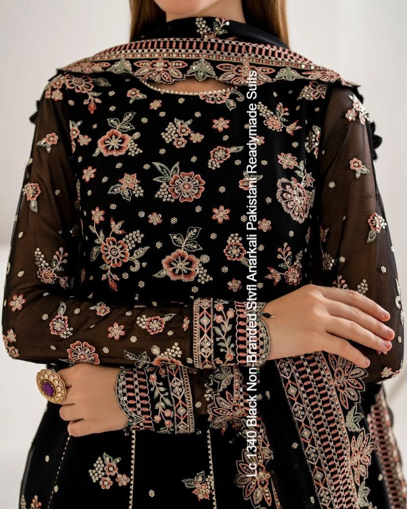 Lc 1340 Black Non-Branded Stvfl Anarkali Pakistani Readymade Suits