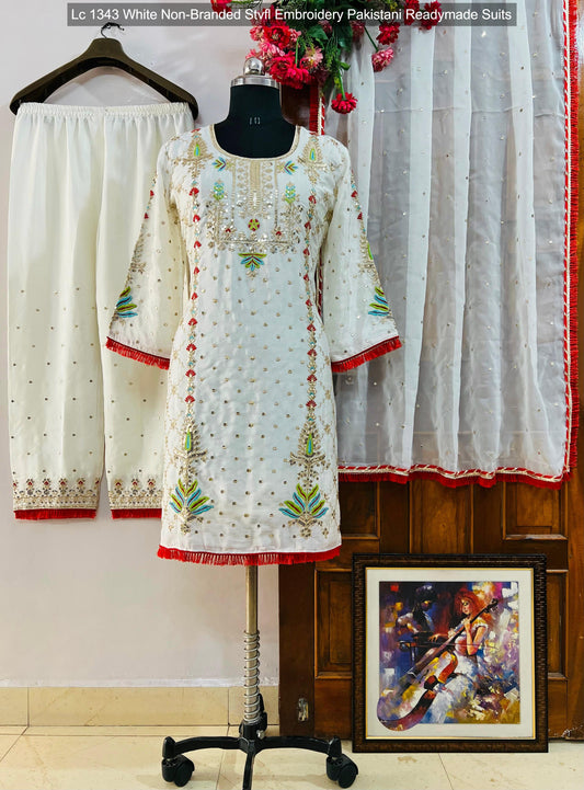 Lc 1343 White Non-Branded Stvfl Embroidery Pakistani Readymade Suits