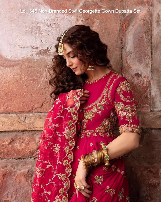 Lc 1346 Non-Branded Stvfl Georgette Gown Dupatta Set