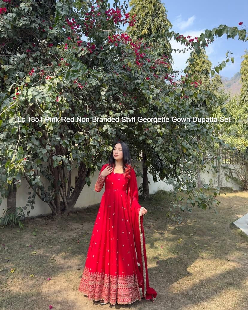 Lc 1351 Pink Red Non-Branded Stvfl Georgette Gown Dupatta Set