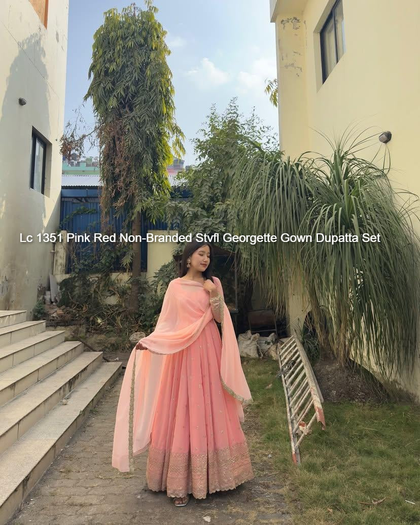Lc 1351 Pink Red Non-Branded Stvfl Georgette Gown Dupatta Set