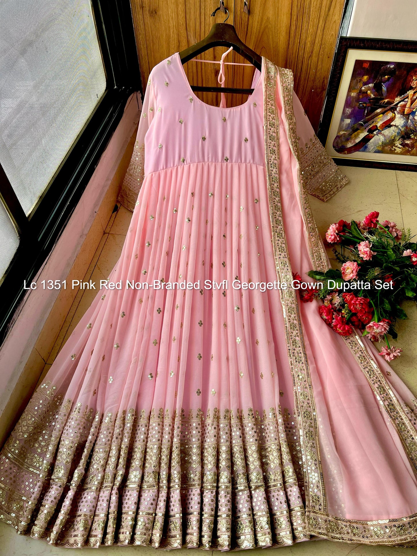 Lc 1351 Pink Red Non-Branded Stvfl Georgette Gown Dupatta Set