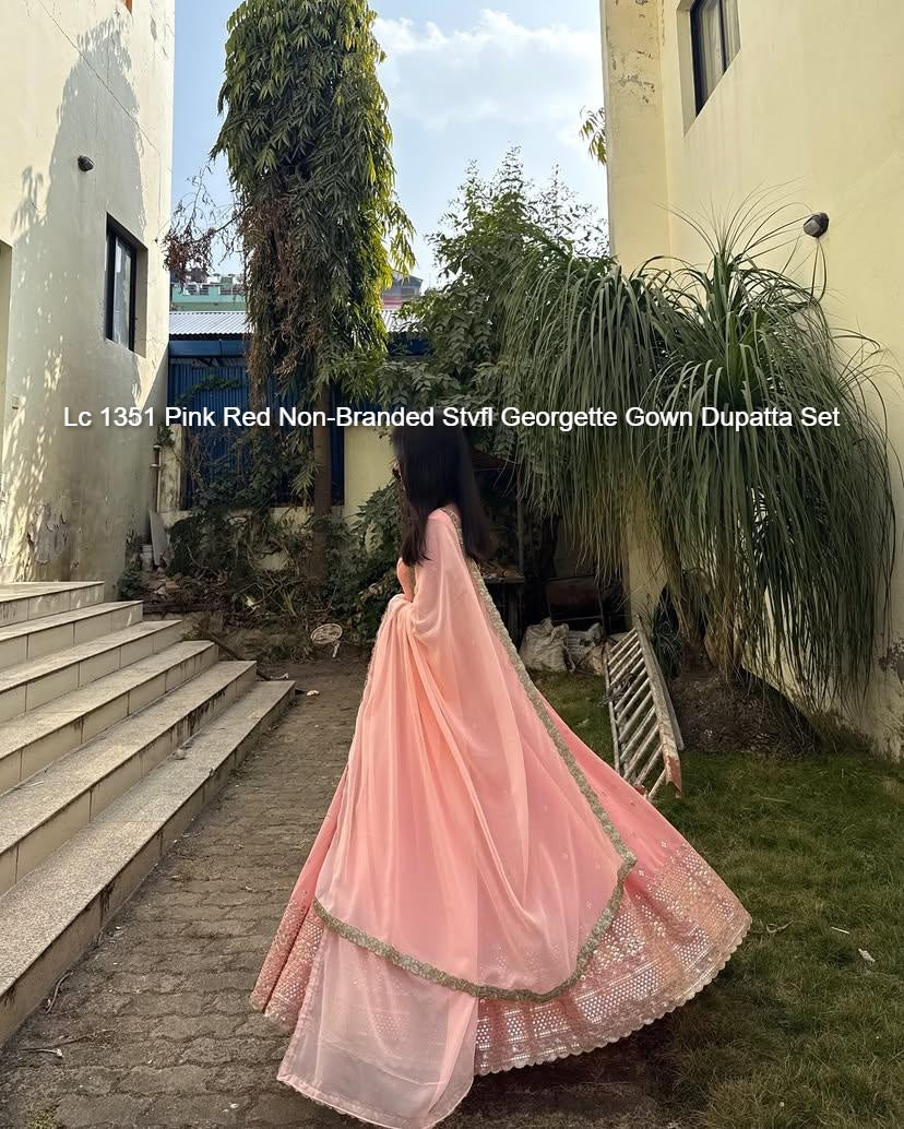 Lc 1351 Pink Red Non-Branded Stvfl Georgette Gown Dupatta Set