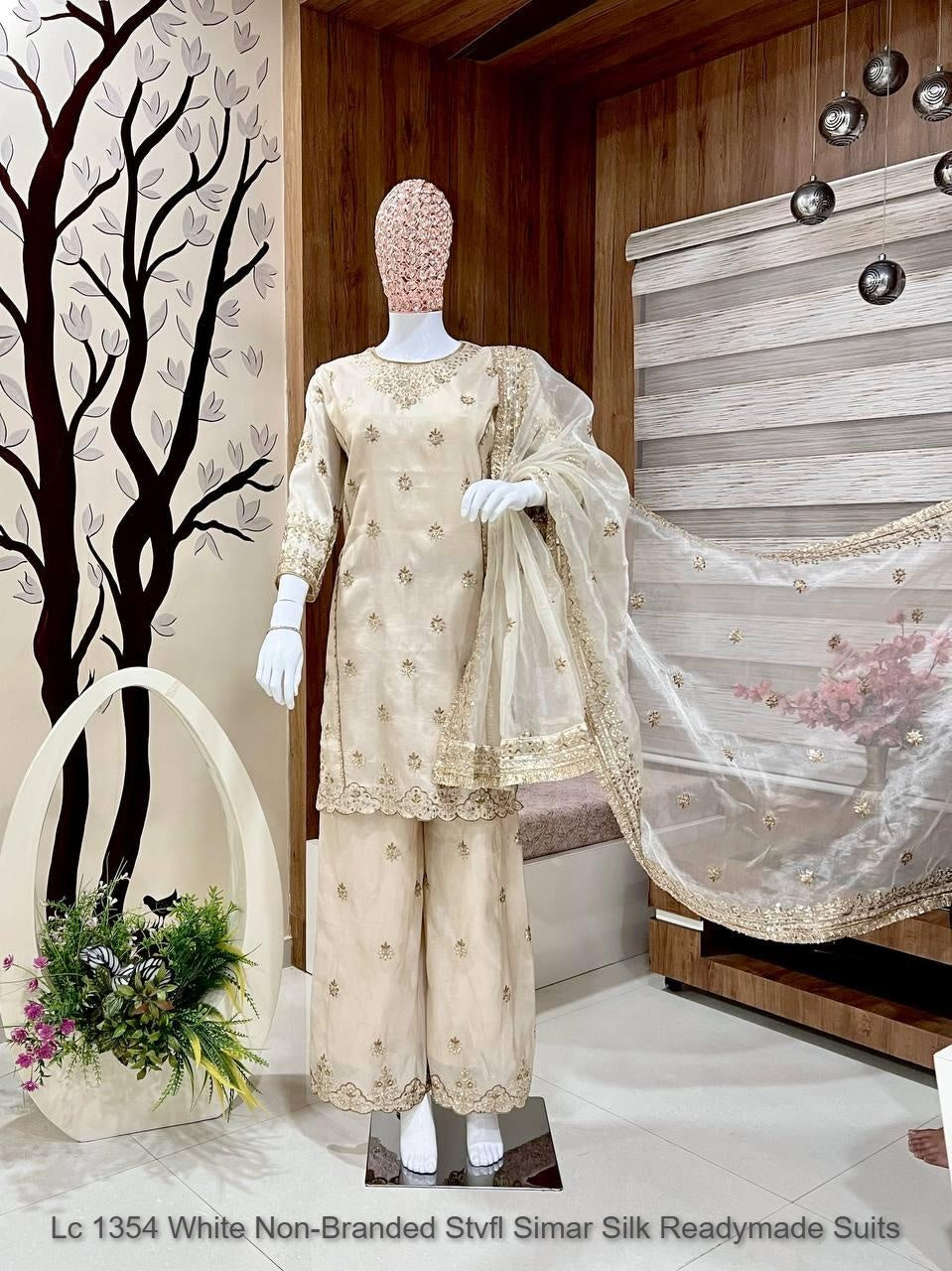 Lc 1354 White Non-Branded Stvfl Simar Silk Readymade Suits
