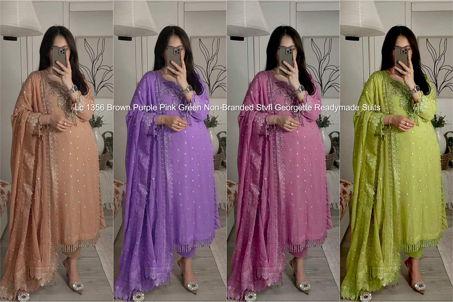 Lc 1356 Brown Purple Pink Green Non-Branded Stvfl Georgette Readymade Suits
